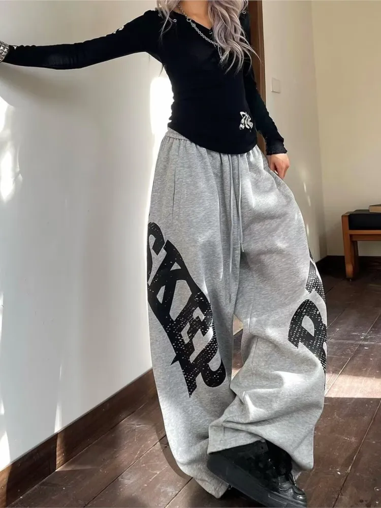 Women 3D Large Letter Print Baggy Pants Quick Dry Elastic Drawstring Wide Leg Trousers Streetwear Y2K Hip Hop Casual Long Pants