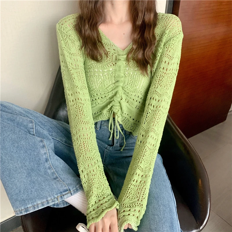 Hollow Out Knitted Pullovers Women Thin V-Neck Tie Bow Drawstring Sweater Ladies Long Sleeve Bottoming Knitwear Shirt Short Tops