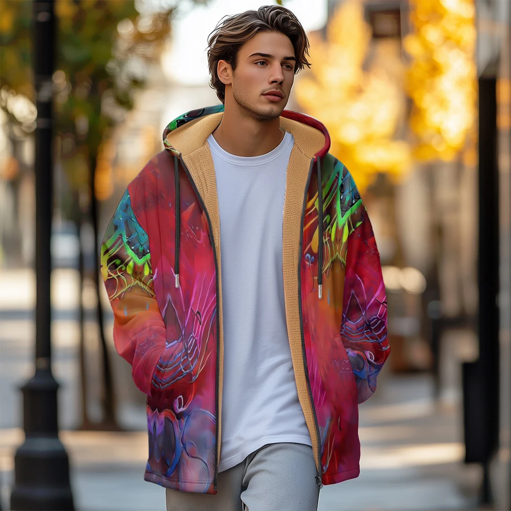 

Man winter clothing, New in Down Coats, Colorful note pattern doodle cotton-padded jacket clothing, feather print pocket zipper