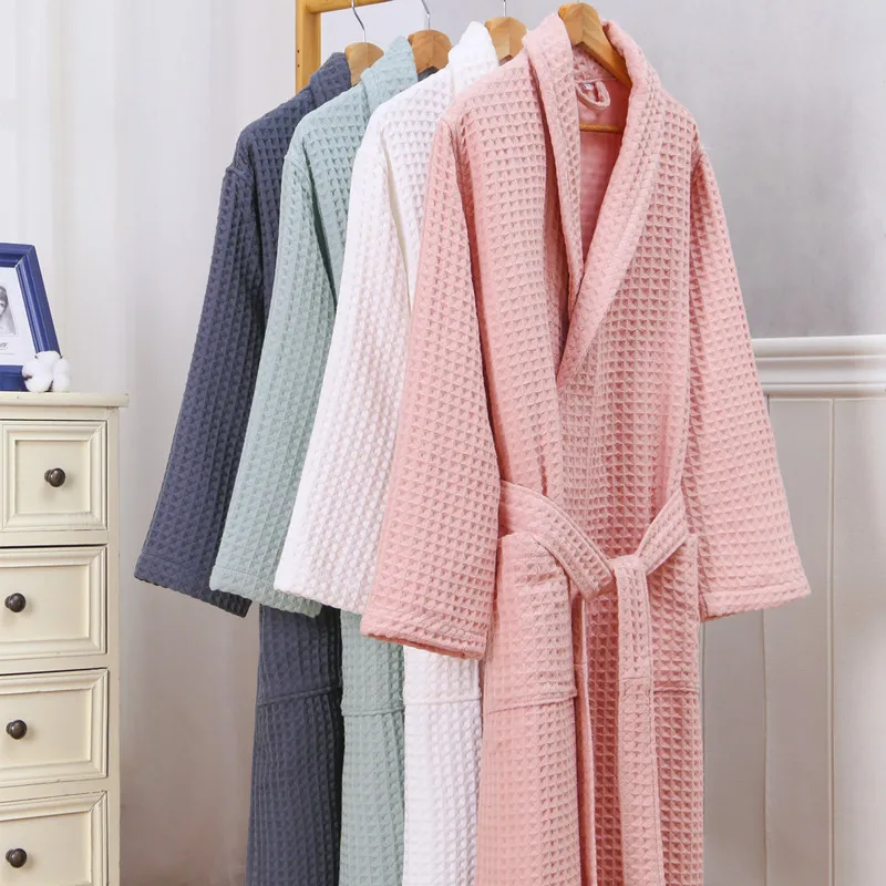 Double-layer Waffle 100% Cotton Bathrobe For Women Autumn Winter Solid Color Long Sleeve Lapel Absorbent Robe Female Night Down