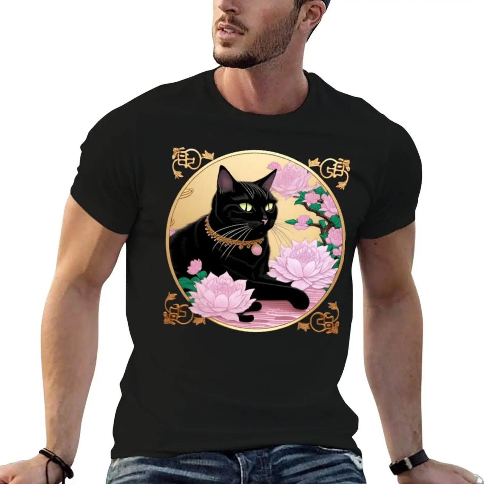 Elegant black cat and purple lotus flowers T-Shirt cute clothes blue archive shirts men