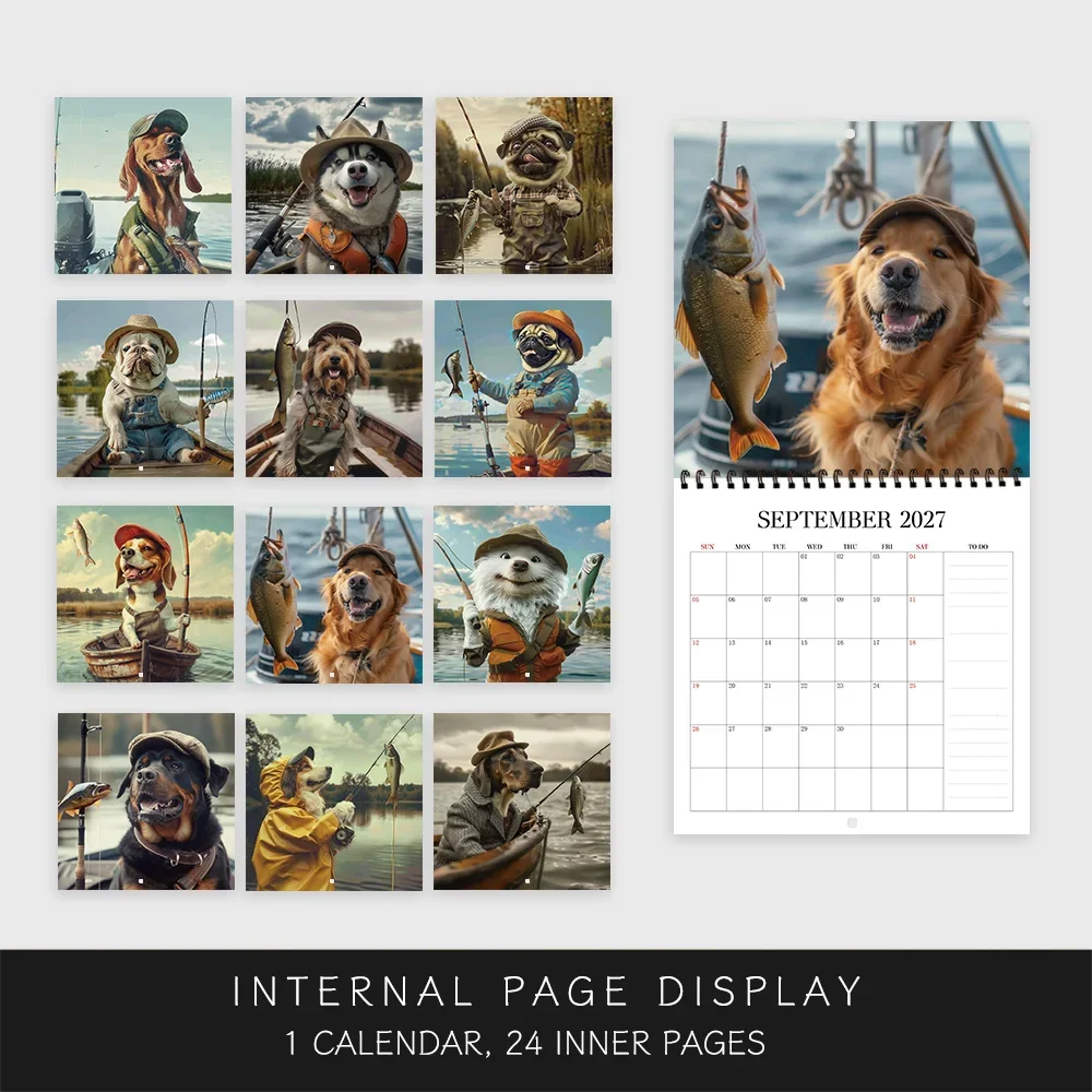 1pc 2027 Fishing Dog Wall Calendar,12‑Month Planner,Gift For Back‑to‑School,Christmas,,New Year,Free Stickers Included