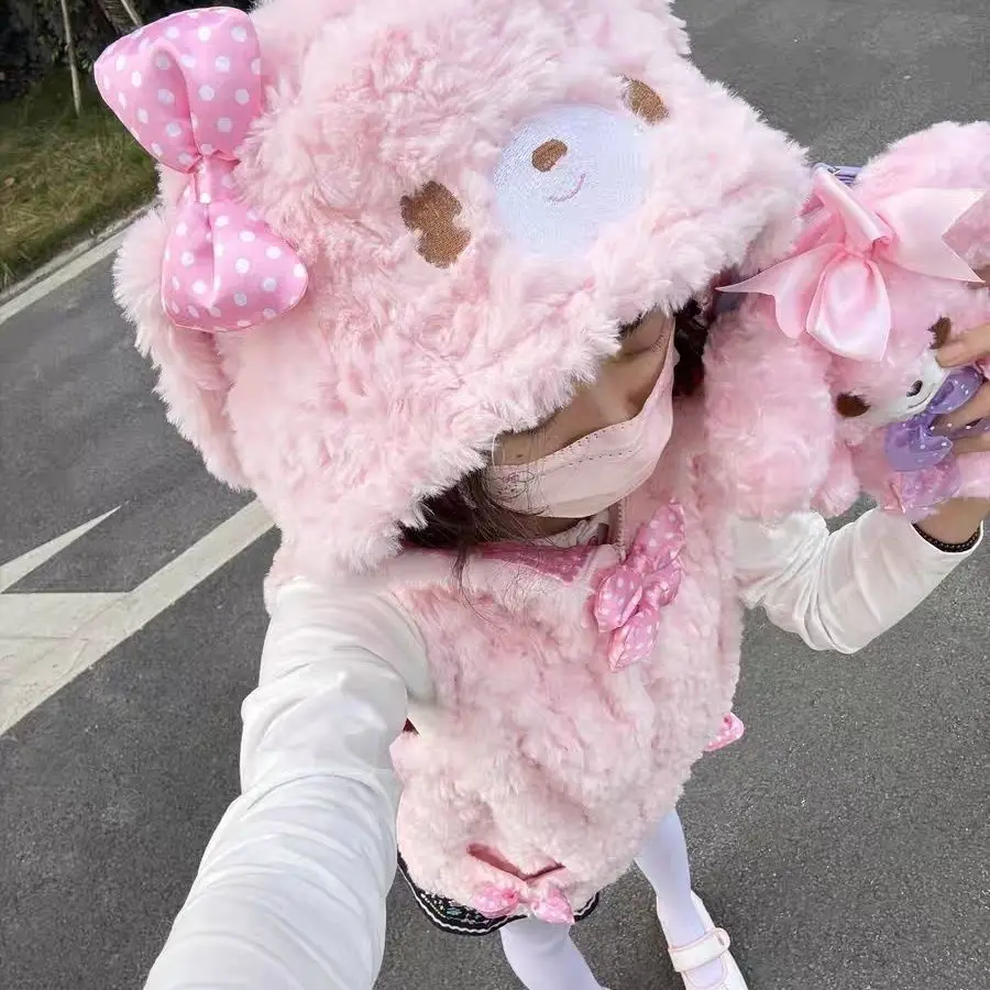 Japanese Soft Girl Plush Rabbit Ears Hooded Vest Spring New Bow Print Sleeveless Thermal Vest Zip Up Hoodie Women Vest Y2k Top