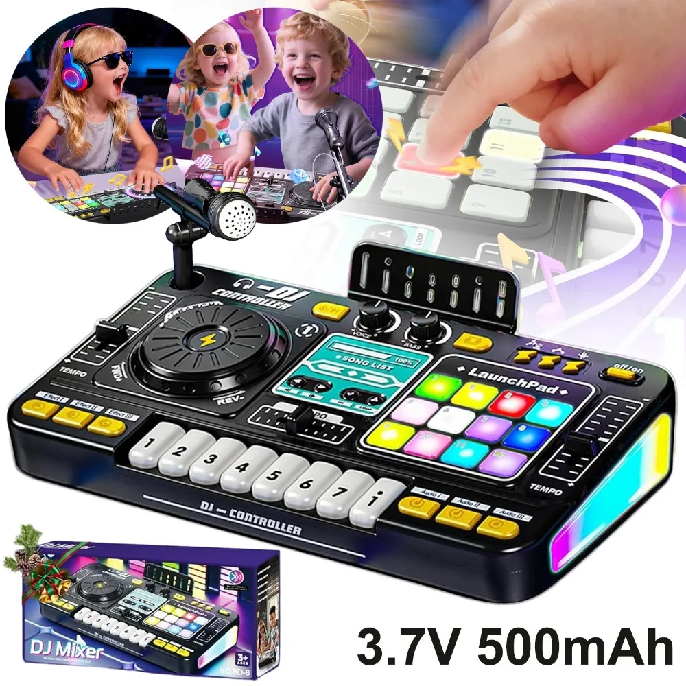 Jouet de contrôleur DJ pour tout-petits avec micro, plus de 100 effets sonores, lumières clignotantes, table de mixage à piles, cadeau musical éducatif pour enfants de 3 à 10 ans, idéal pour l'exploration musicale, les fêtes et les jeux interactifs en famille