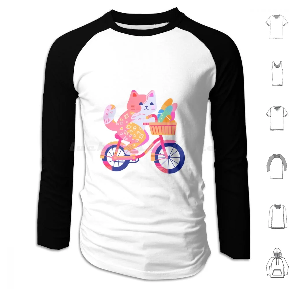 Cat Biking With Baguettes Hoodie cotton Long Sleeve Cat Cute Animal Kids Pink Bike Biking Ride Anime Lofi Kitten Cozy