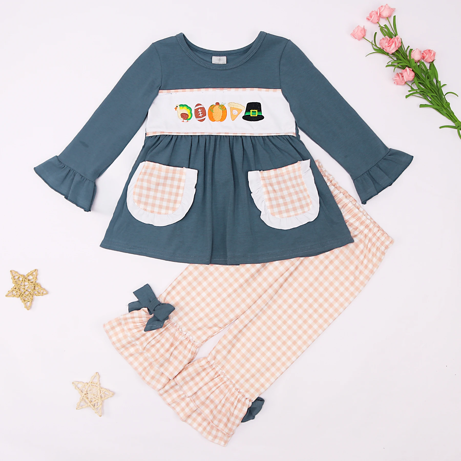 Baby New Cotton Long Sleeve T-shirt Set Round Neck Thanksgiving Turkey Embroidery Boy Blue Top Clothes And Orange Lattice Pants