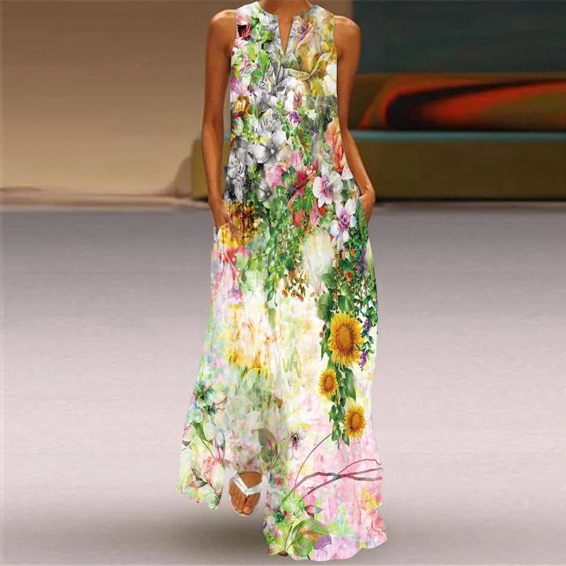 Vestido largo con estampado Floral para mujer, traje holgado sin mangas, elegante, informal, para fiesta y playa, primavera y verano, 2024