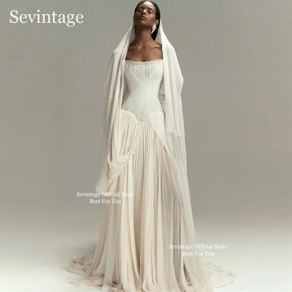 Sevintage Ivory Elegant Chiffon Wedding Dresses Sleeveless Pleated A-Line Bridal Dresses Floor Length Formal Prom Gowns Customiz