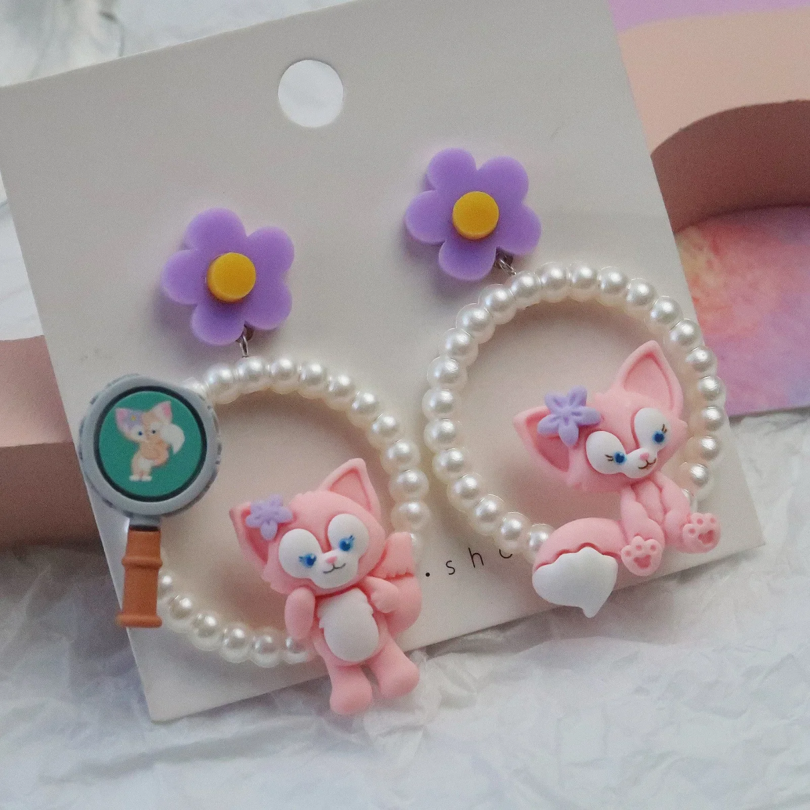 Cartoon Lina Bell Three-dimensional Stud Earrings Cute Pink Fox Beads Resin Cartoon Earrings Girl Accessories Birthday Gifts