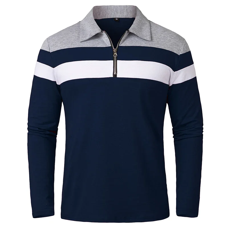 

Men's long sleeved striped polo shirt with 1/4 zipper patch collar, casual and fashionable pullover, slim fit golf shirt