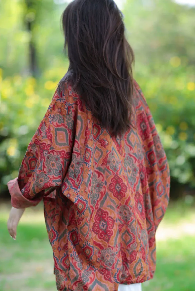 レディースルーズ単層ラミー長袖シャツ単列カエルボタンプリントショートジャケットヴィンテージファッション初秋