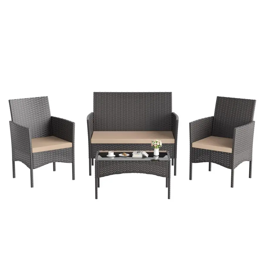 

Комплект садовой мебели из 4 предметов: плетеные кресла из ротанга (искусственный ротанг) с закаленным стеклянным столом и мягкими подушками