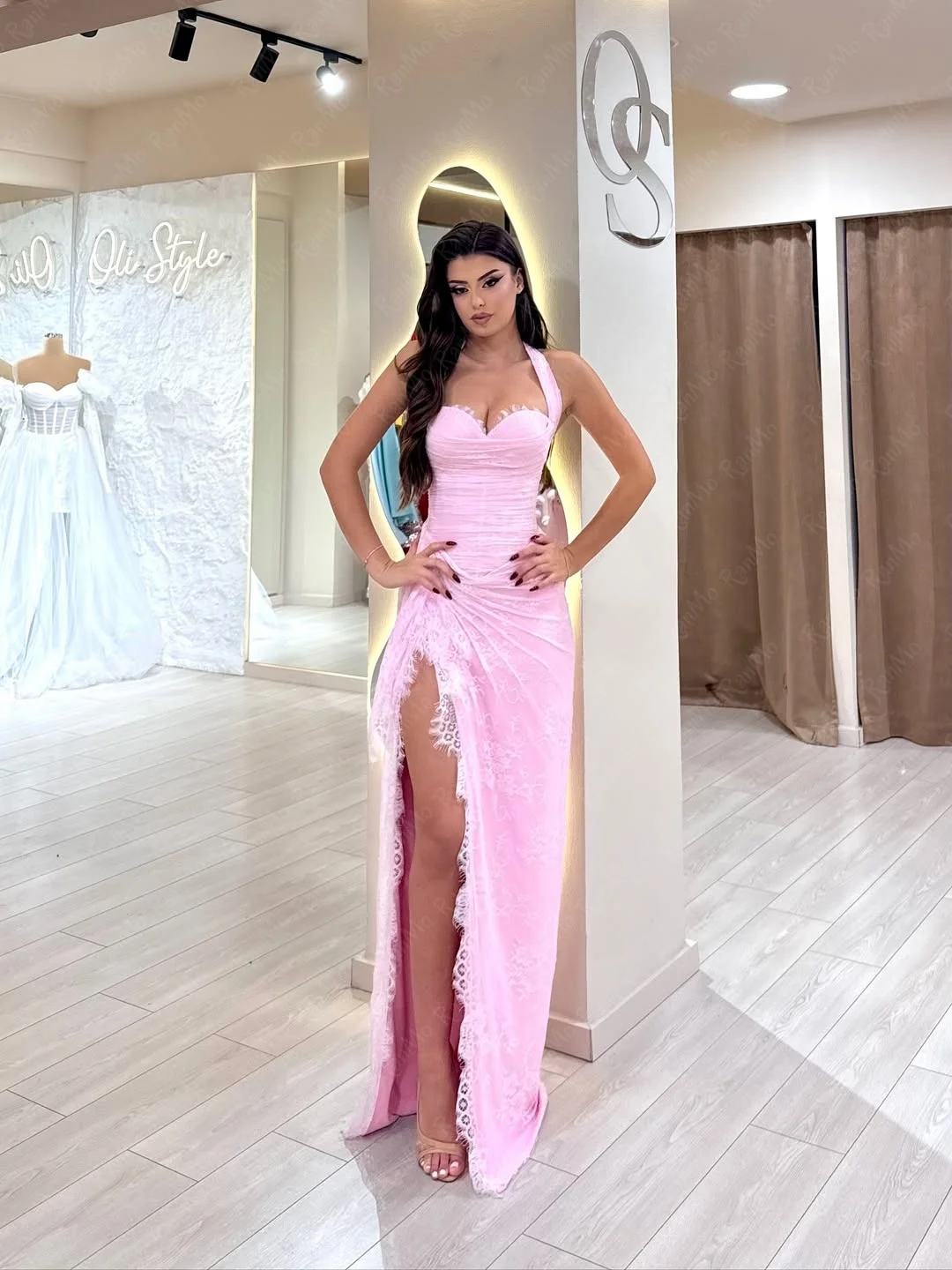 فستان سهرة نسائي فاخر من Ranmo بياقة على شكل قلب وردي 2026 على شكل حرف a وفتحة جانبية عالية وطيات من الدانتيل مخصصة #4