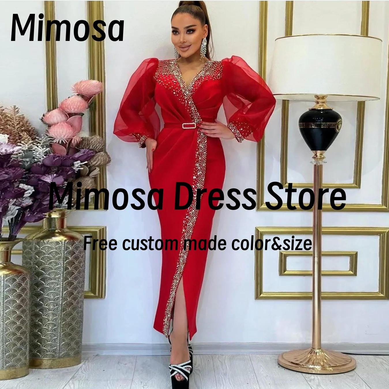 Mimosa Bespoke Special Occasion Dress V Neck Beaded Side Slit Prom Dresses with Sash Long Sleeves Evening Gowns Customized