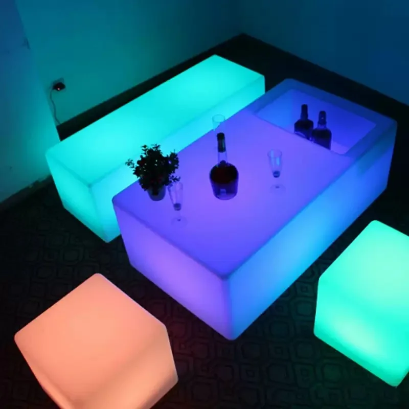 Brillo eventos fiesta boda club nocturno café jardín al aire libre banco largo plástico Led iluminado muebles Bar mesas y sillas conjunto