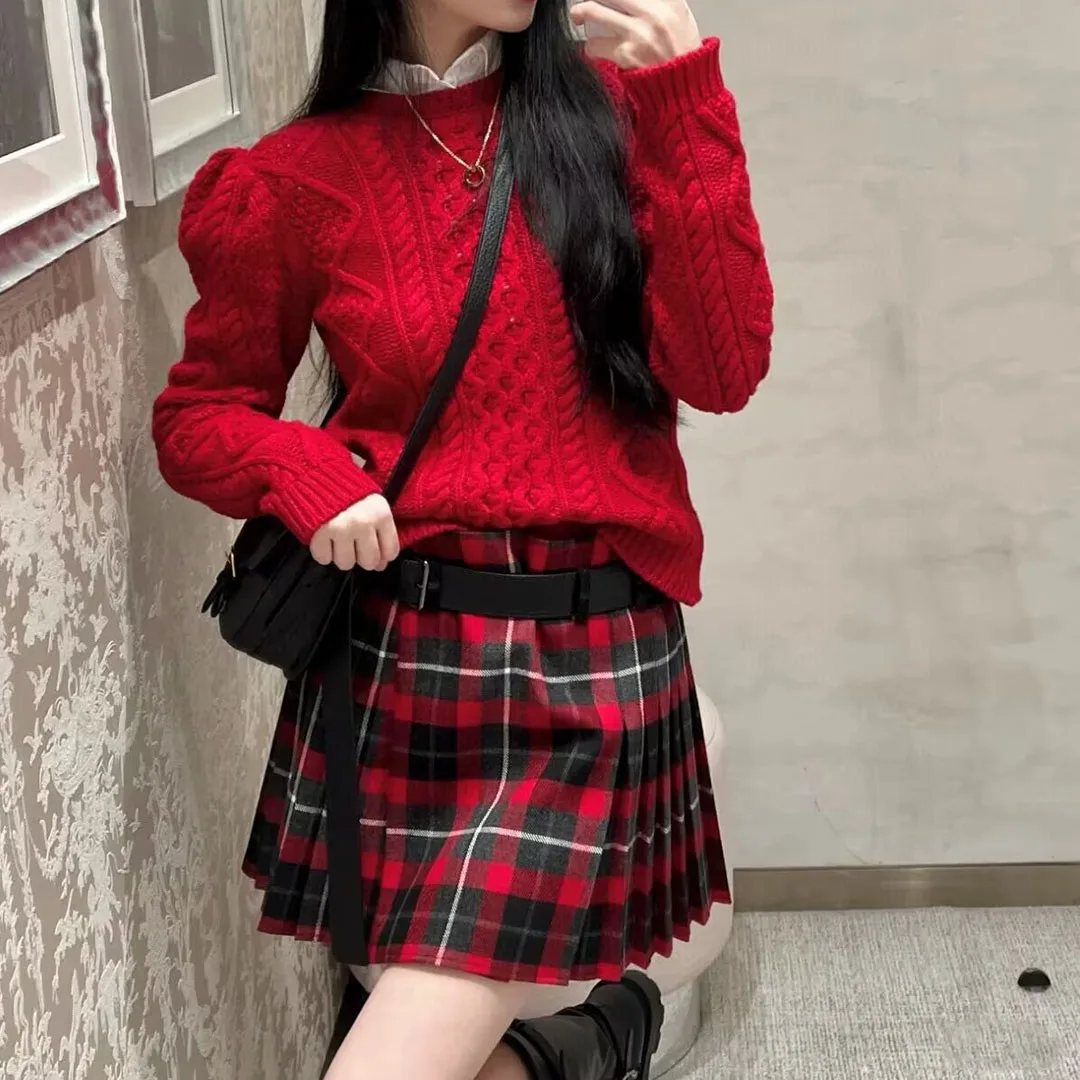 New Spring Fashion England Red Plaid Woolen Mini Pleated Skirts Womens PU Leather Belt High Waist Sweet Vintage Skirt