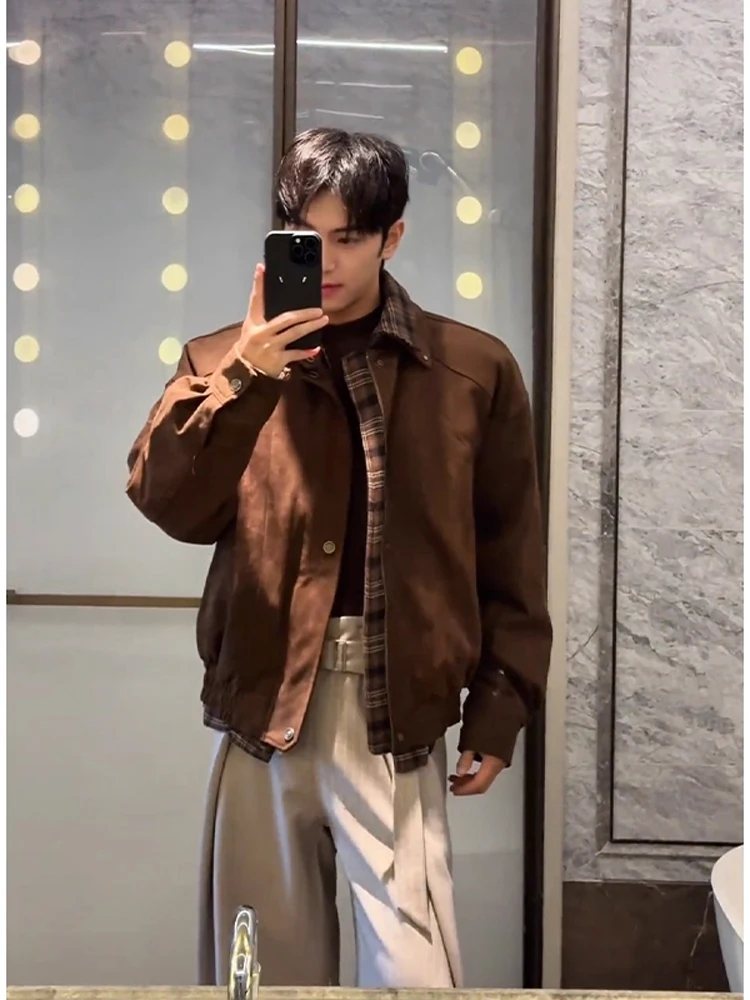 

Мужская зимняя куртка из хлопка с эффектом двухслойности, в карамельную клетку, в американском ретро-стиле, с воротником-пэчворк, теплая повседневная верхняя одежда