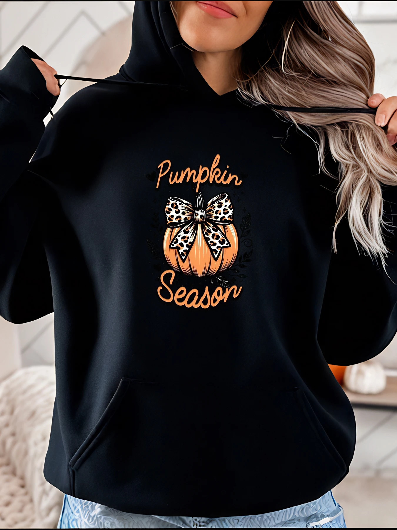 

Толстовка с принтом тыквы, повседневный осенний стиль, леопардовый бант, женский осенний наряд