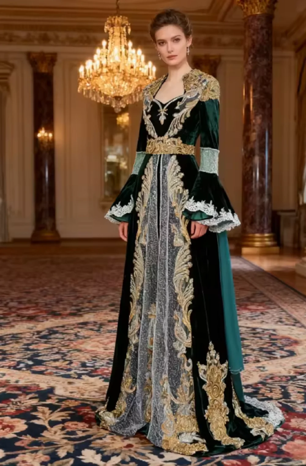 

Sultan Style A Line Women Prom Dress Long Flare Sleeve Gold Beaded Maxi Caftan Evening Gown Customized Party