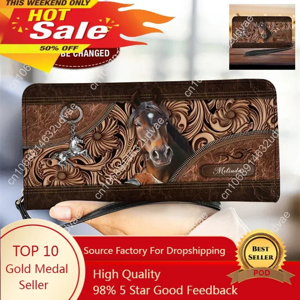 

Vintage Brown Horse Design Women's Clutch Purse Luxury Leather Wristlet Strap Wallet for Ladies Long Card Holder Coin Bag Female