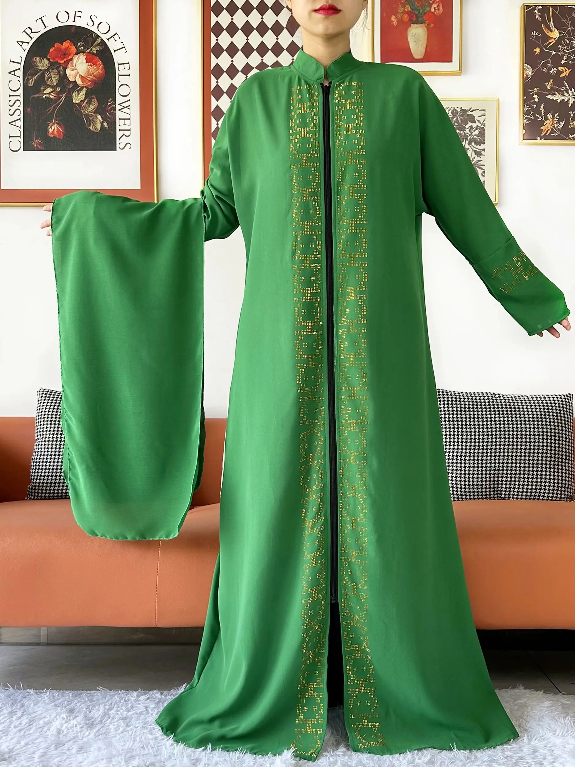 Vestido tradicional musulmán de Ramadán de manga larga con cuello alto para mujer, cárdigan abierto Abaya, caftán de Dubái, ropa de Kimono islámica