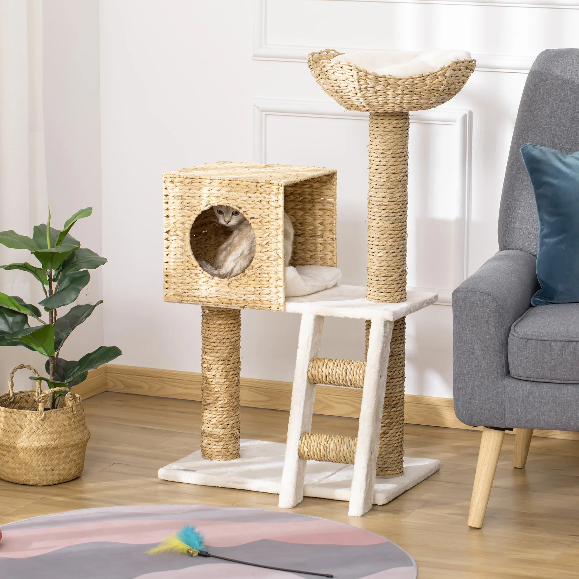 PawHut Árbol Rascador para Gatos Medianos Altura 100,5cm con Cama Superior Cueva