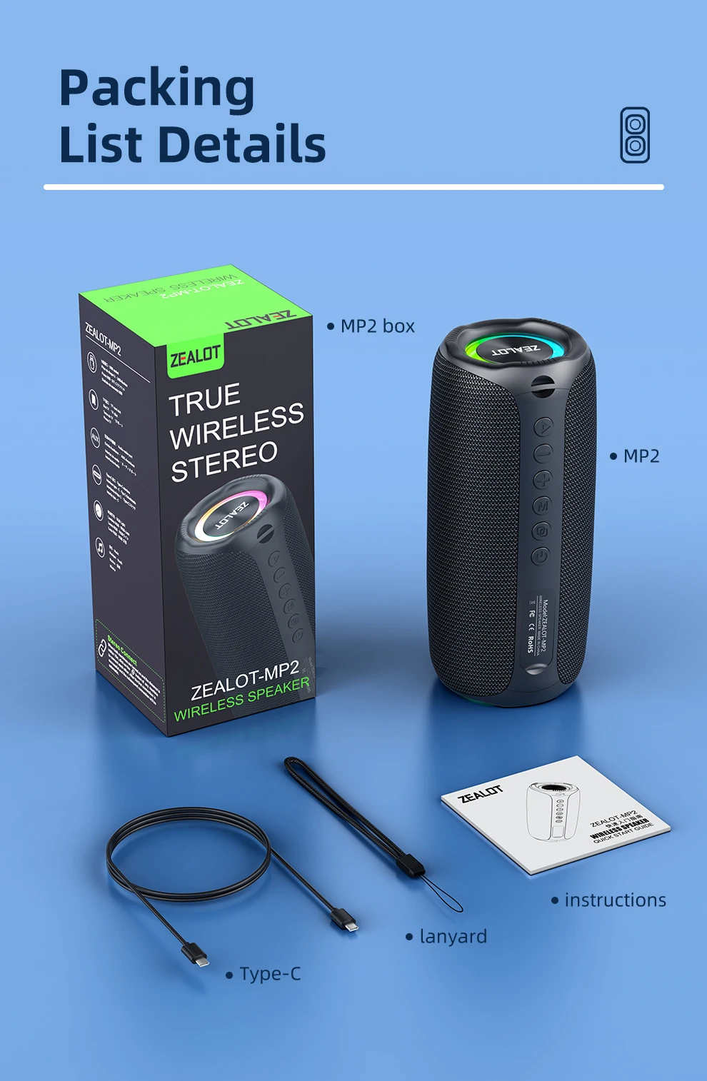 Zealot-MP2 Bluetooth-Lautsprecher, ultra-portabel, bis zu 15 Stunden Spielzeit, IP65 wasserdicht und staubdicht, kraftvoller Klang für den Außenbereich. – Detail 12