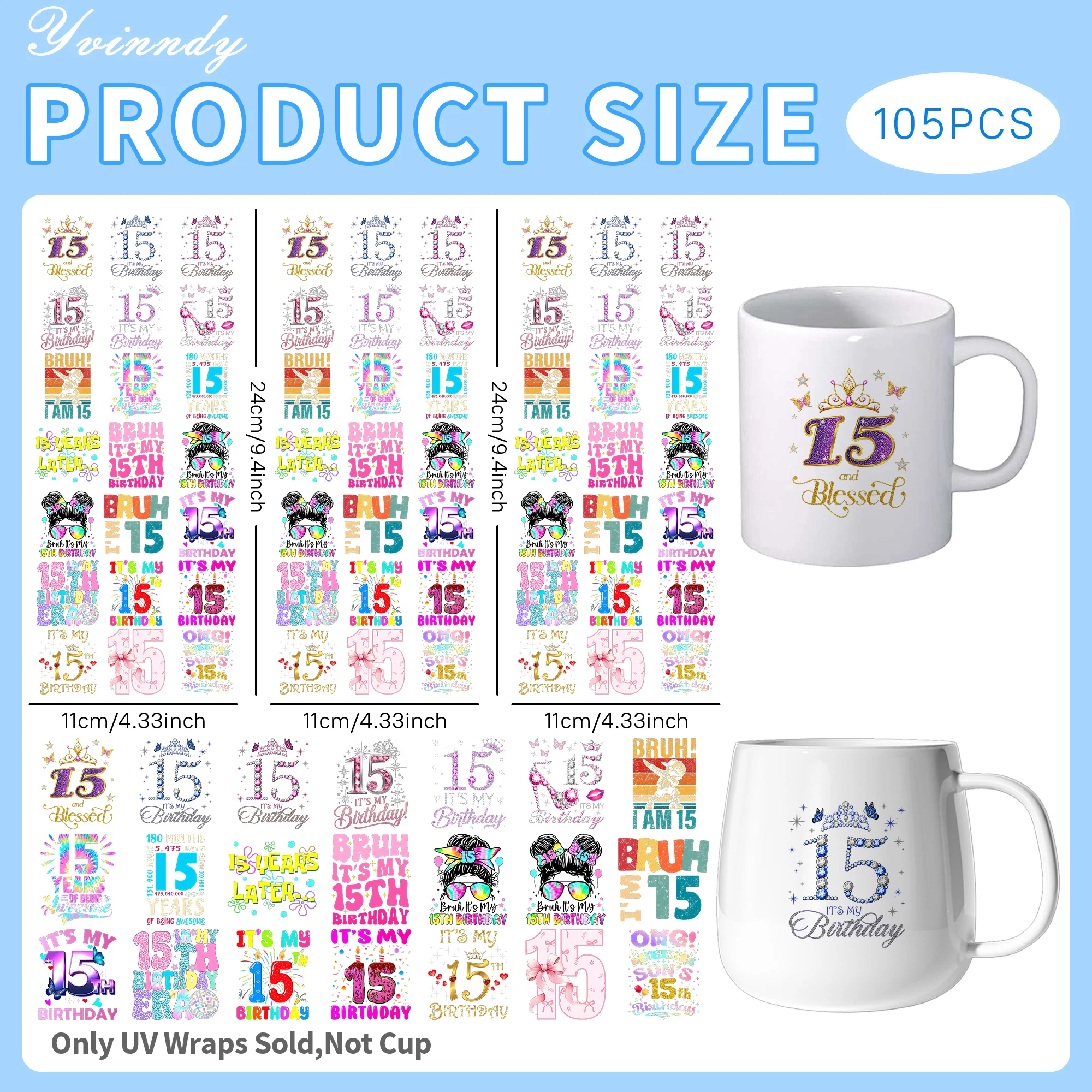 105Pcs/Set 15 Years Old Birthday UV DTF Transfer Sticker DIY Craft Kits with Crystal Label 16oz Glass Jars Wrap Stickers