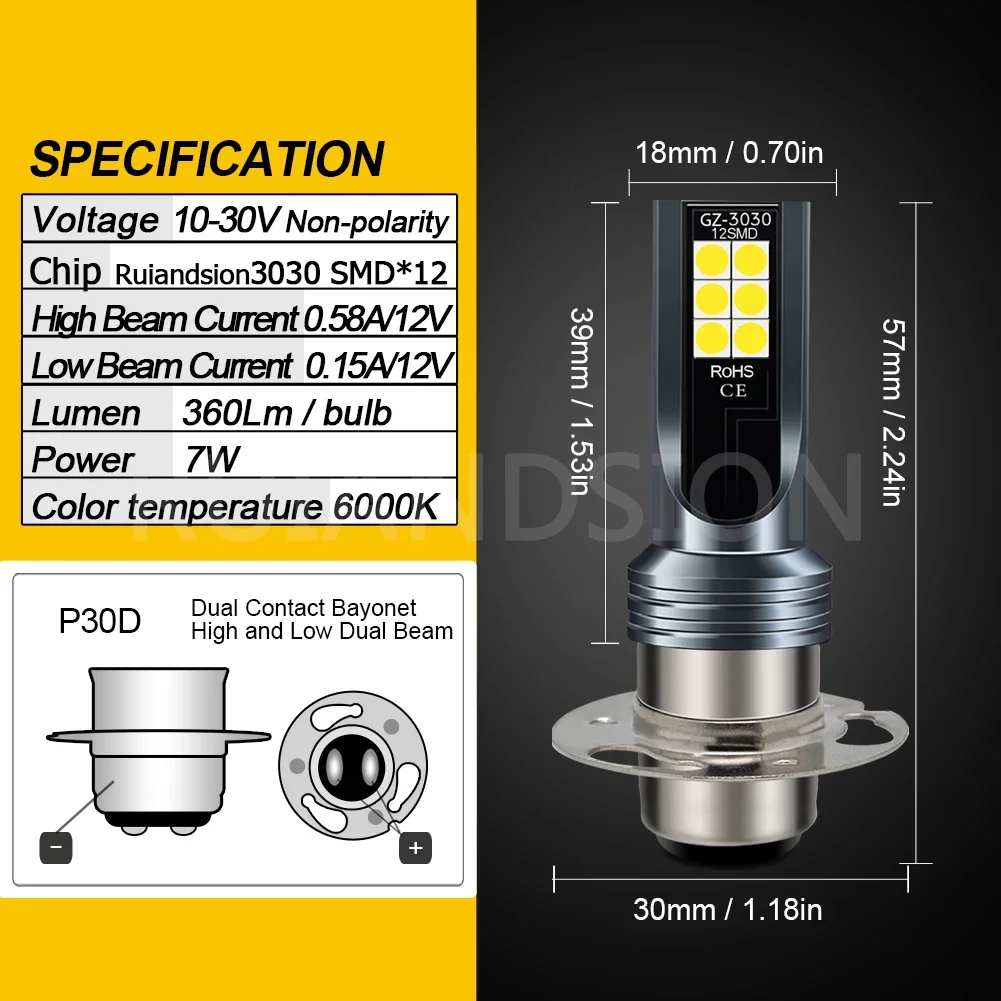 RUIANDSION P30D Motorcycle Headlight LED Nonpolarity Head Light High And Low Light High-Low Beam 10-30V 2pcs