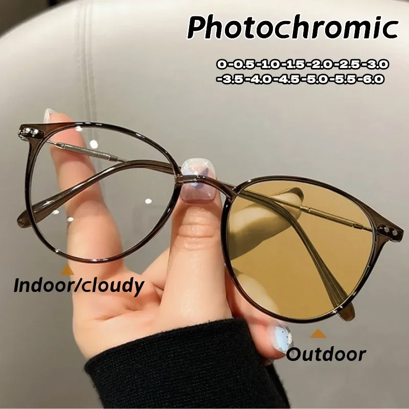 Women Trendy Photochromic Myopia Glasses Anti Blue Light Short Sighted Eyewear Finished Round Sunglasses Goggle Diopter 0~-6.0