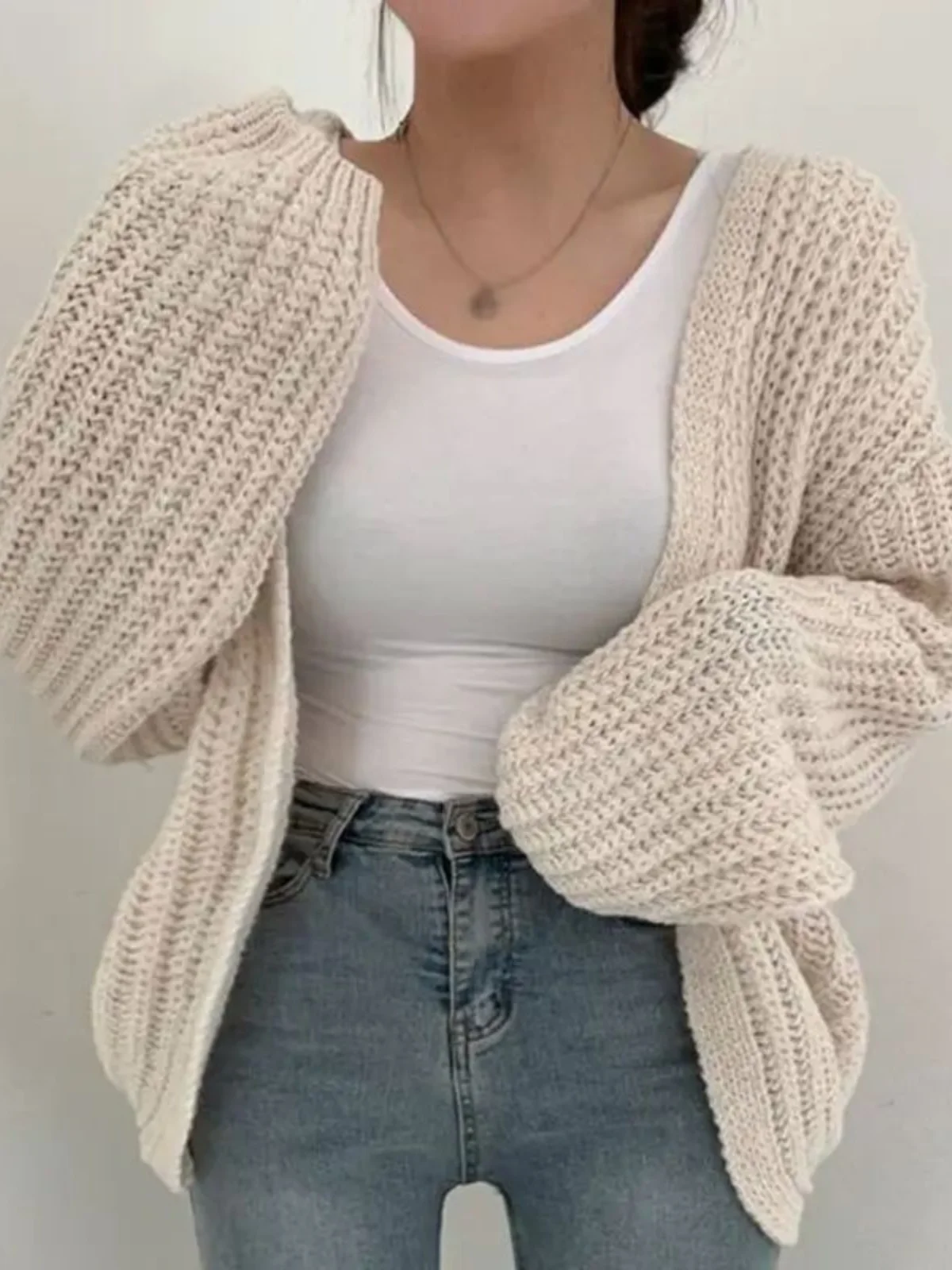 

Pure Color Lantern Sve Knitted Open Cardigan Street Sle Loose Fit Long Sve V-Ne Autumn T-irt for Women 8-35