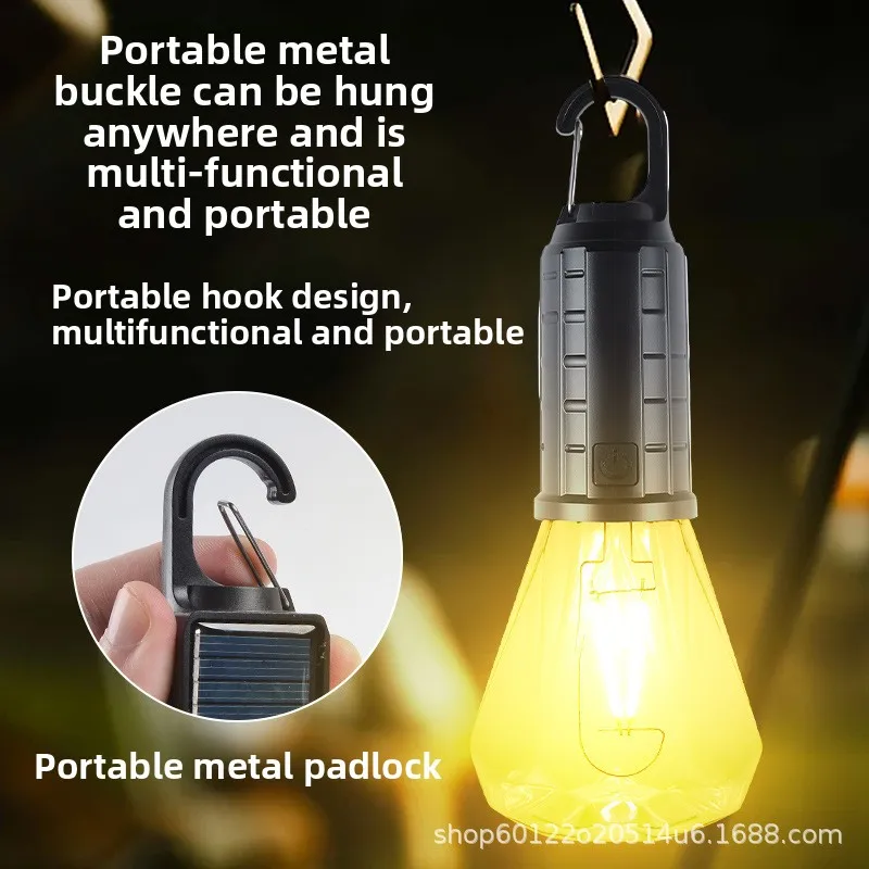 New Solar Bulb Warm White 20W Solar Charging Tungsten Lamp Outdoor Tent Camping With Hook Ambient Light Stall Outdoor Lighting