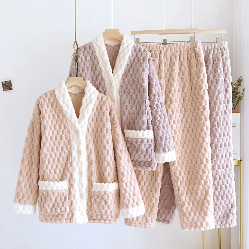 

Women Thick Warm Flannel Autumn Winter New Pajamas V Neck Long-sleeved Trousers Two-piece Set Loose Comfortable Sleepwear Suit