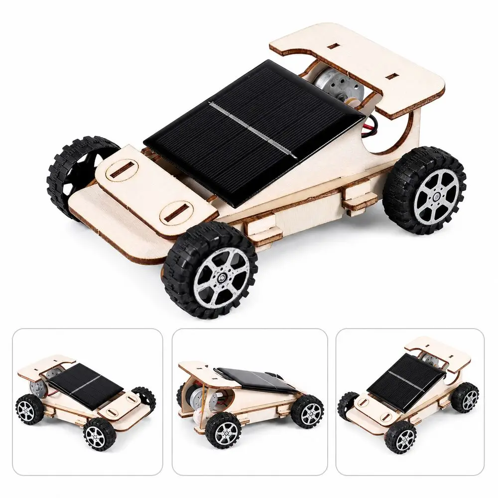 Wooden Solar Car Model Assembly Motor Driven Science Experiment Car Solar Powered Rolling Wheels Educational Vehicle Toy