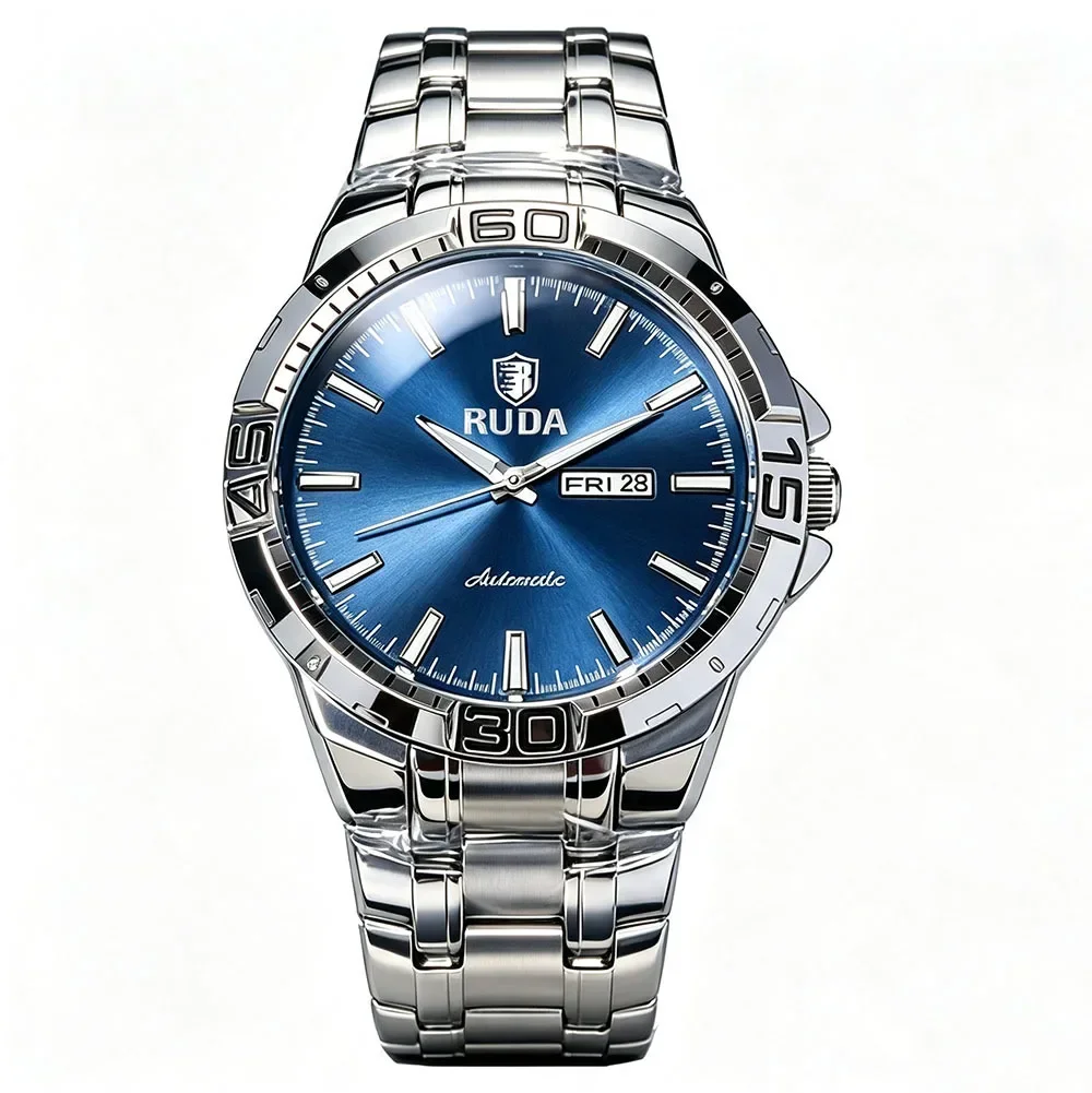 2027 RUDA Men's Watch Stainless Steel Swimming Waterproof Luminous Date Week Business Sweep Second Quartz Movement Wristwatch