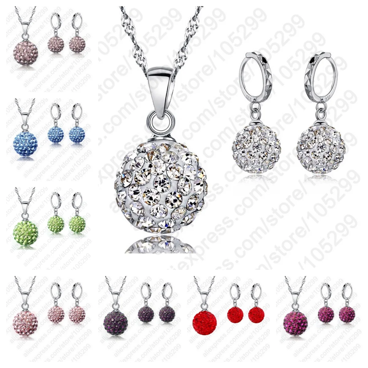 Genuine 925 Sterling Silver Micro Paved Crystals Disco Ball Necklace Earrings Set for Women Girls Party Jewelry Gifts Accessory