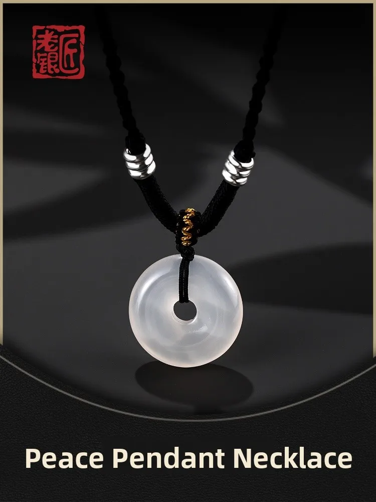 new-chinese-style-handmade-s925-silver-pure-silver-pendant-agate-men's-necklace-traditional-flat-weave-flat-braid-necklace