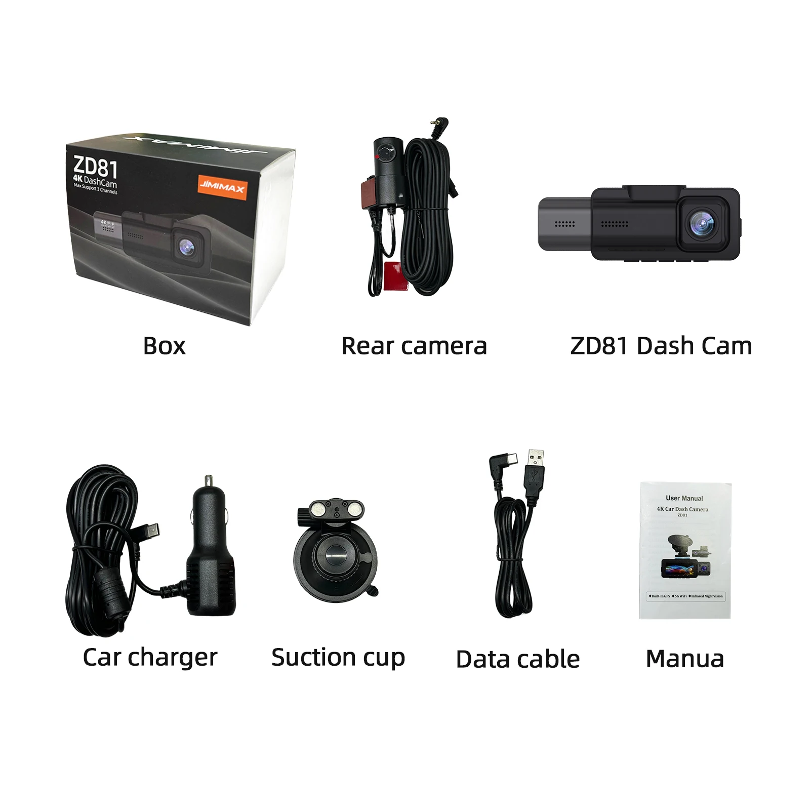 JIMIMAX ZD81 3CH 4K Dash Cam 5.8Ghz WiFi Support Cam Car DVR IR