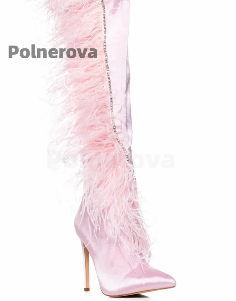 

Pink Feather Long Boots Women Sweet Satin Stiletto Over The Knee Boots Crystal Decor Pointed Toe Winter High Heels Silk Boots