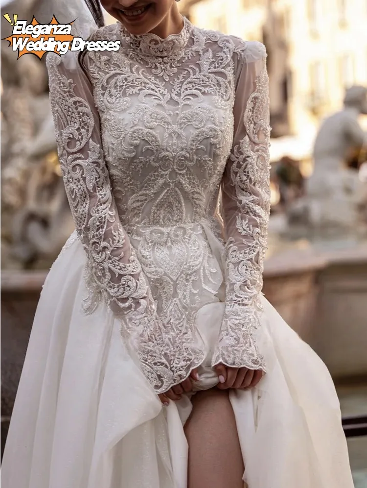 Customized Vintage High Neck Long Sleeve A-Line Wedding Dress Beading Appliques Floor Length Bridal Gown Boho Vestido De Novia
