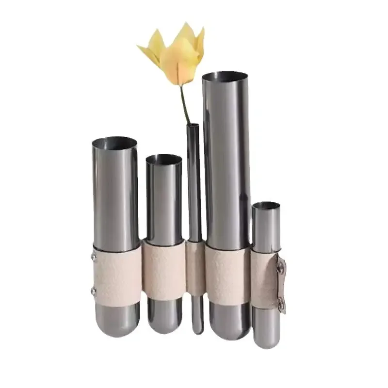 Modern light luxury stainless steel metal geometric creative leather flower ware model room sales office coffee table desktop fl