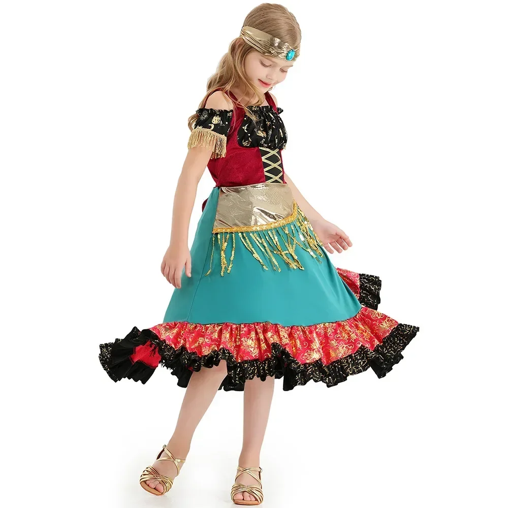 Seragam Cosplay Permainan Peran Anime untuk Anak Perempuan Gaun Pertunjukan Tari Berenda Payet Boho Gaun Pertunjukan Flamenco