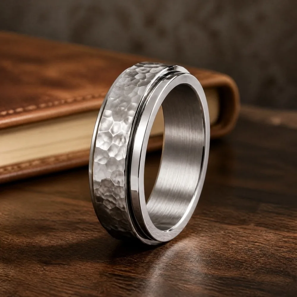 Hammered Moonpits Spinner Ring Rotating Irregular Patterns Meteorite Ring Anti-Stress Vintage Punk Stainless Steel Ring Women