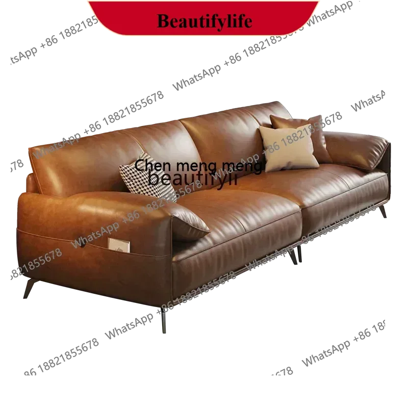z183  Italian light luxury leather sofa living room simple first layer cowhide straight row oil wax leather sofa