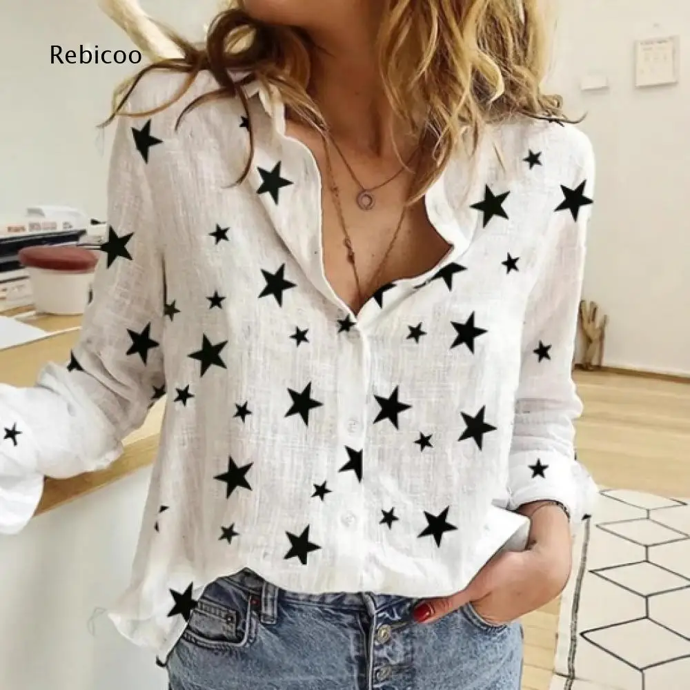 Casual Long Sleeve Shirt For Women All Over Star Print Point Collar Front Button Closure For Multiple Daily Wearing Scenarios