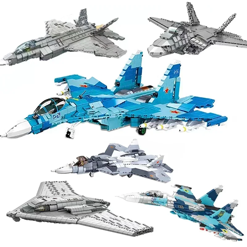 13style WW2 Military Fighter Model Battle Plane Army Jet SU-27 SU-57 F-22 F-35 War Building Blocks  Aircrafted Weapon Kids Toys