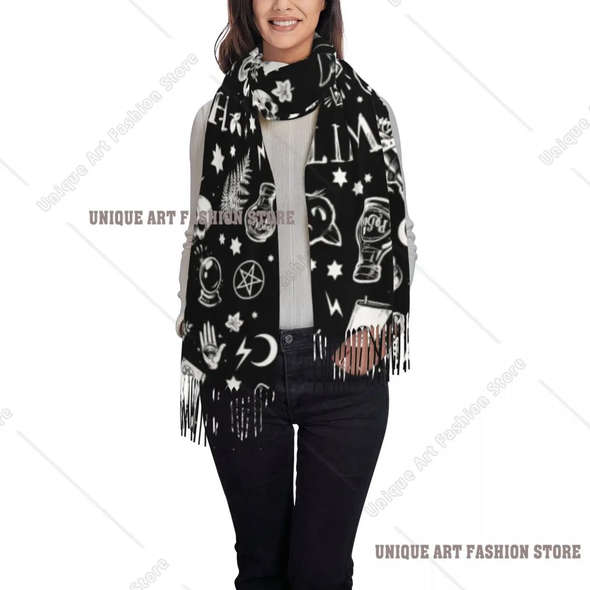 Custom Printed Halloween Occult Gothic Magic Witch Pattern Scarf Women Men Winter Warm Scarves Shawl Wrap