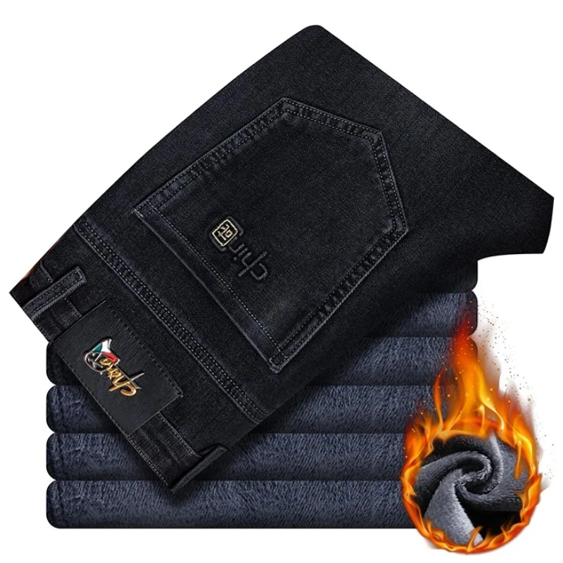 겨울 클래식 비즈니스 남성 양털 따뜻한 청바지 스트레이트 스트레치 캐주얼 두꺼운 데님 바지 워시 패션 벨벳 남성 바지