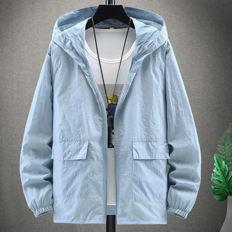 

2023 Summer Hooded Light Jacket Men Sun Protection Clothing Fishing Hunting Clothes Quick Male Dry Skin Windbreaker 4XL