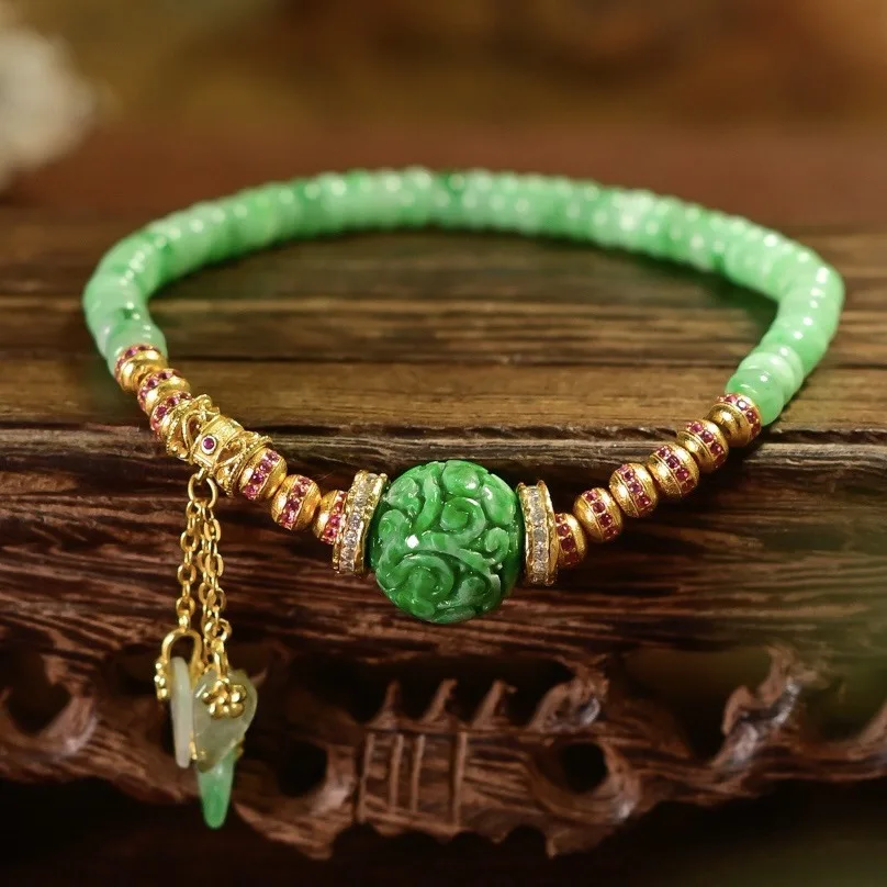 

Нефритовый браслет класса А, плавающий цветок, сухие зеленые резные бусины, зеленые бусины-счеты, серебряные ювелирные изделия из драгоценных камней S925, подарок